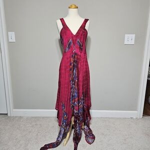 Anandas Collection Magenta Tie Dye Paisley Maxi Dress V-Neck Hi-Low Handkerchief